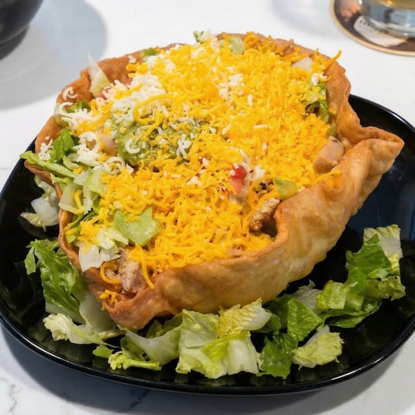 Chicken taco salad in a crispy fried tortilla bowl, topped with cheese, lettuce, and guacamole.