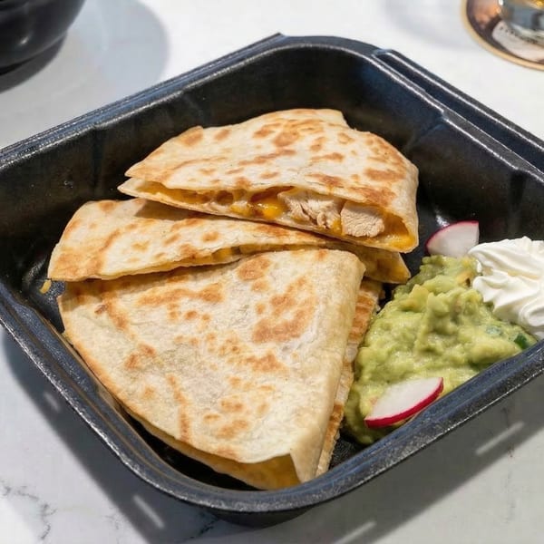 Chicken quesadillas with guacamole, sour cream, and radish slices in a black takeout container.