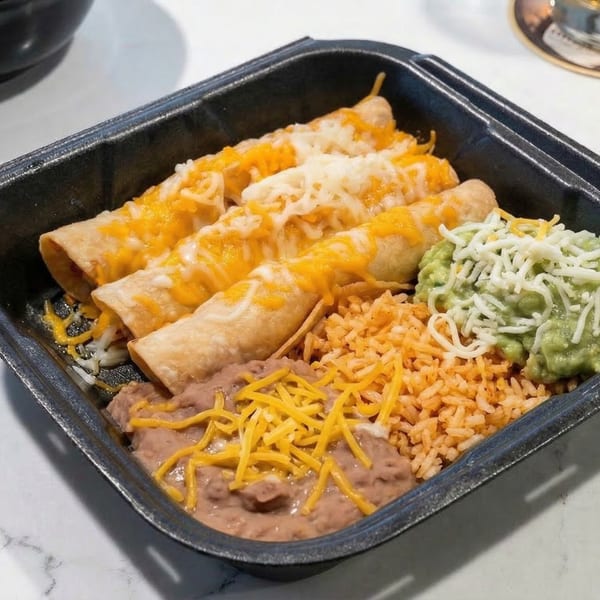 Three cheesy taquitos with rice, refried beans, and guacamole in a black to-go container.