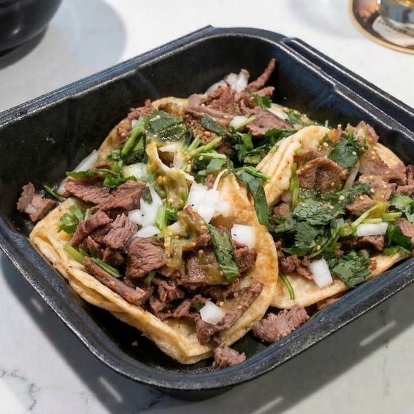 Three Mexican street tacos with steak, cilantro, and onions in a black takeout container.