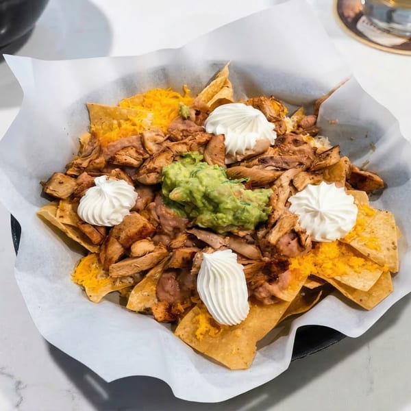Chicken nachos with melted cheese, guacamole, and sour cream in a white paper-lined basket.
