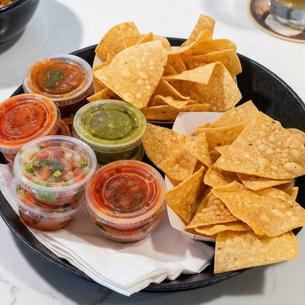 A black tray with tortilla chips and multiple containers of salsa, pico de gallo, and guacamole.