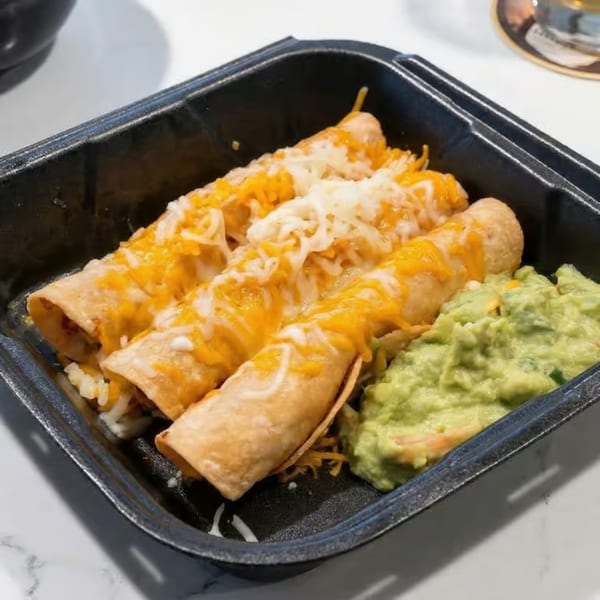 Three cheesy taquitos and a side of guacamole in a black to-go container.